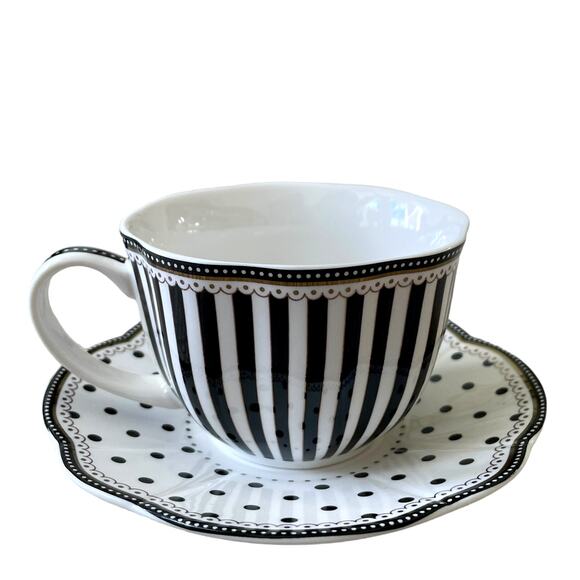 GRACE TEAWARE Black & White Striped Polka Dots Teacup and Saucer Set of 2 New - Picture 2 of 16